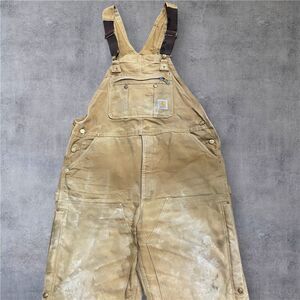 Carhartt Relaxed Fit Vintage R01 Overalls Bib Double Knee Duck Canvas Tan Medium